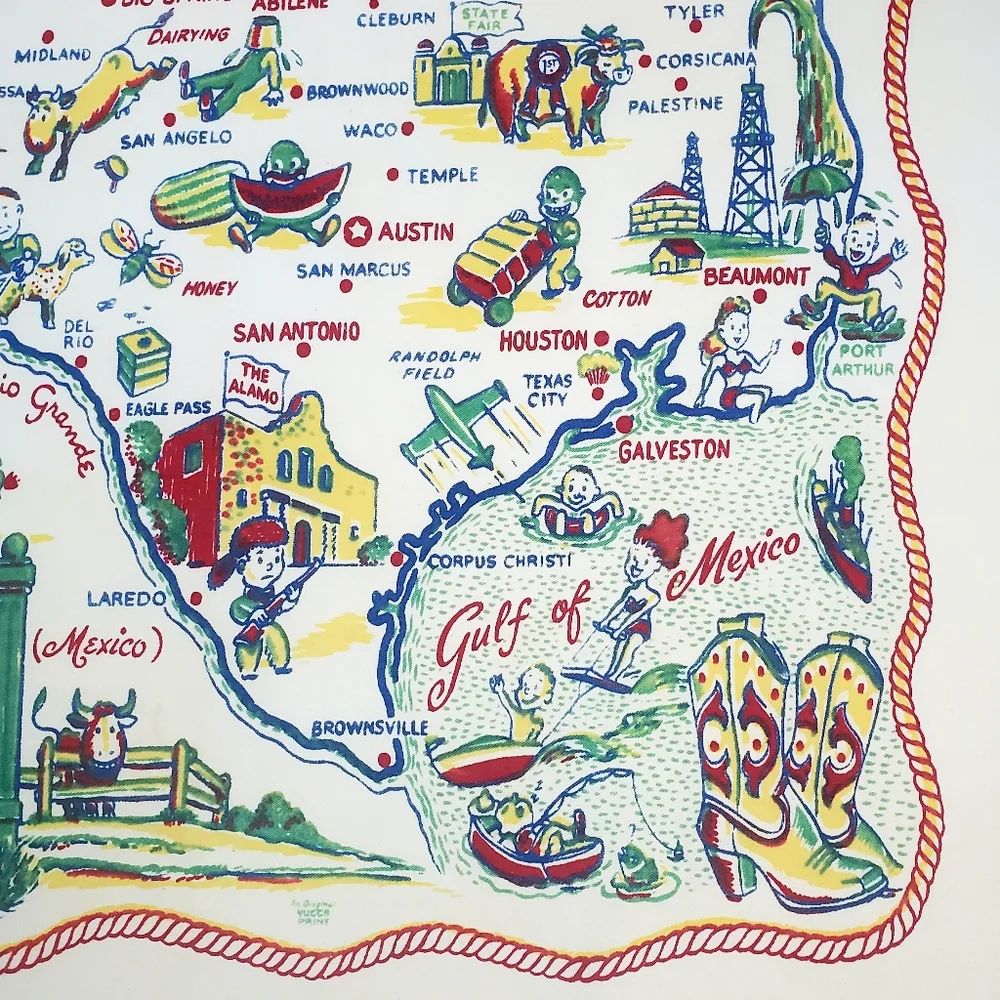 SOLD Vtg Texas Novelty Souvenir Tablecloth 37"x 32" Lone Star State Caricature - Picture 5 of 15